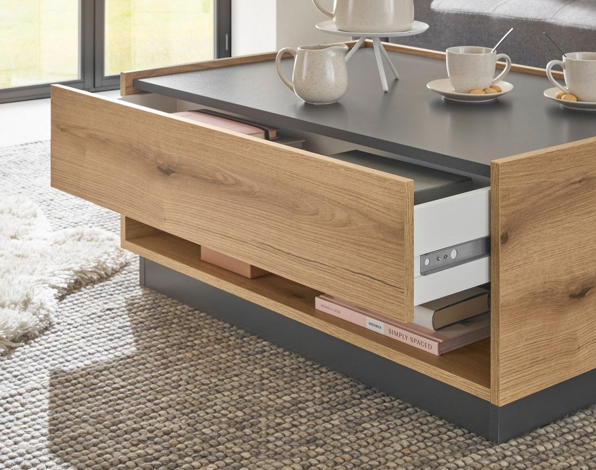 COUCHTISCH Evoke Eiche, grau 90 x 60 cm, Wohnzimmertisch mit Stauraum - Eichefarben/Schwarz, Holzwerkstoff/Metall (90/60/38cm) - Furn.Design