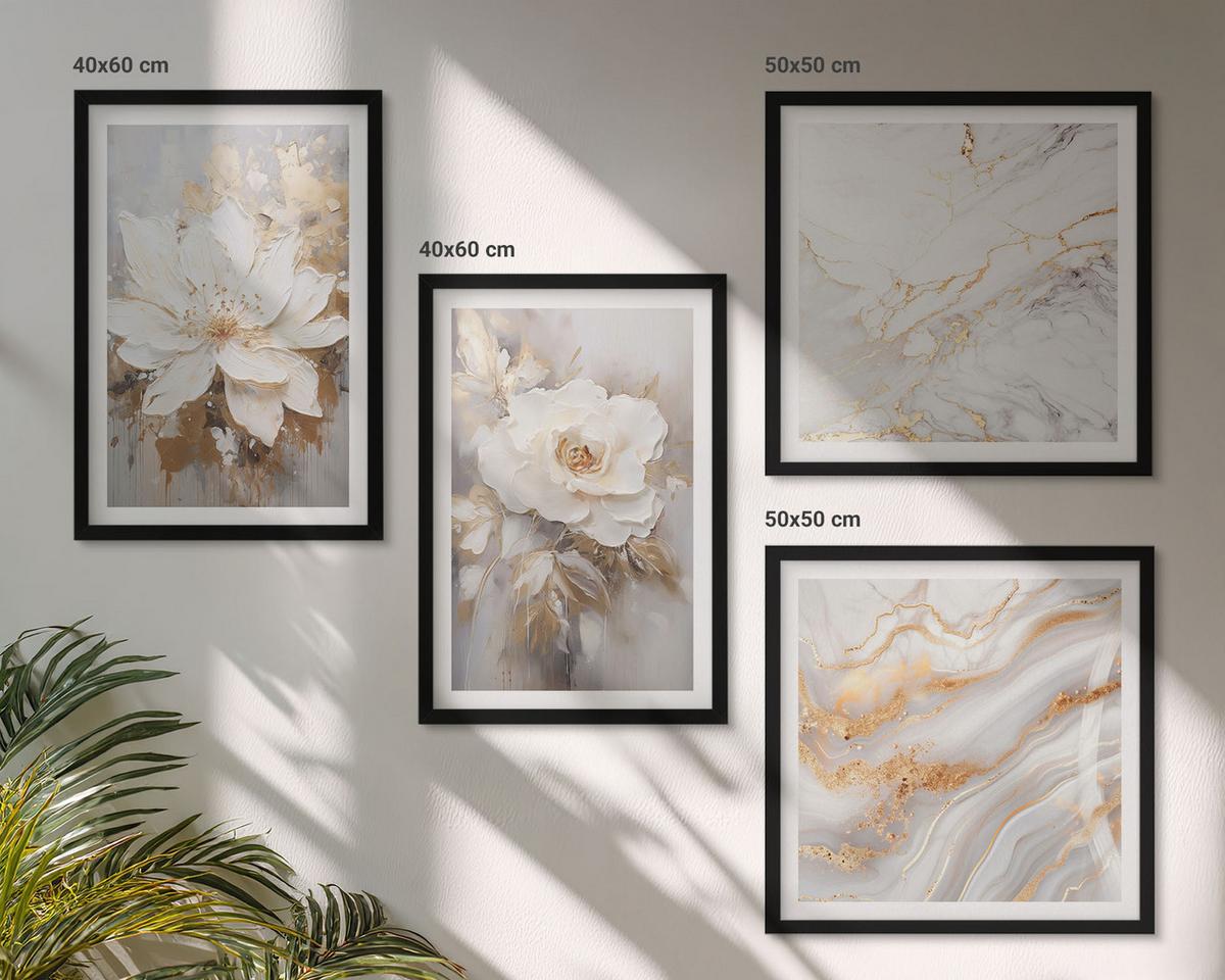 BILDER SET 4er Set - 50x50 cm & 40x60 cm Schwarzer Rahmen - Blumen, heller Hintergrund, Marmormuster - Schwarz, Kunststoff (50/50cm) - TULUP