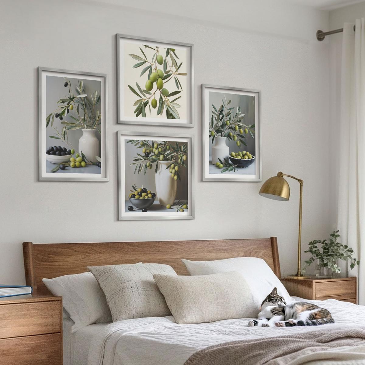 BILDER SET 4er Set - 50x50 cm & 40x60 cm Silberner Rahmen - Oliven in grauen Vasen - Silberfarben, Kunststoff (50/50cm) - TULUP
