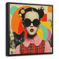 LEINWAND Bilder mit Rahmen - Mädchen - Sonnenbrille - Katze - Retro - 20x20 - Beige, Textil (20/20cm) - MuchoWow
