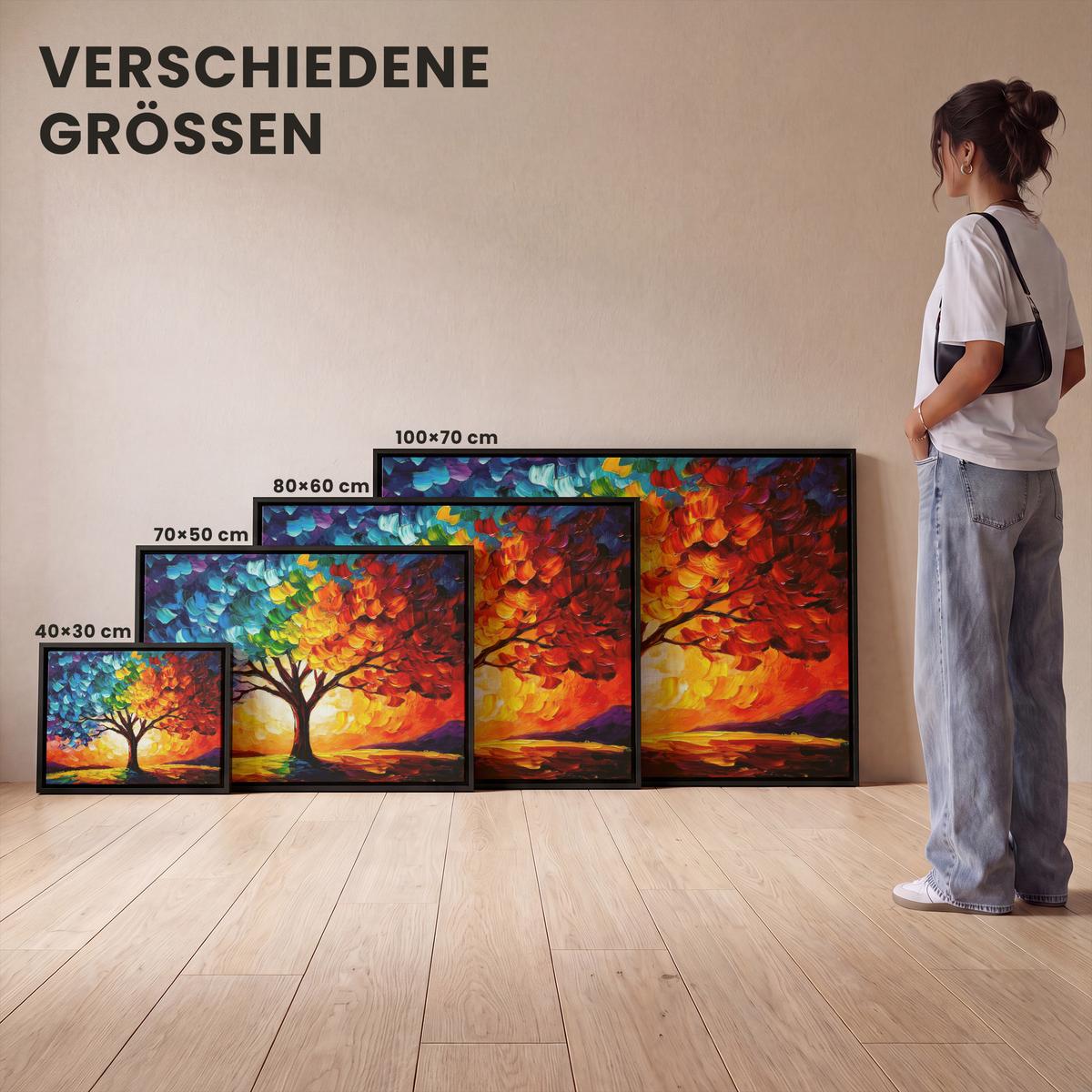LEINWAND Bilder mit Rahmen - Baum - Kunst - Natur - Sonnenuntergang - 100x70 - Multicolor, Textil (100/70cm) - MuchoWow