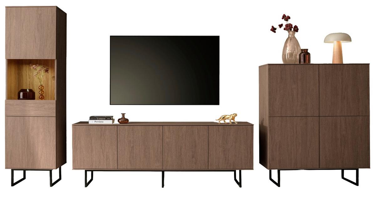 WOHNWAND in Nussbaum 3-teilig 400 cm, Wohnkombination mit Push-to-Open - Nussbaumfarben/Schwarz, Glas/Holzwerkstoff (400/200/40cm) - Furn.Design