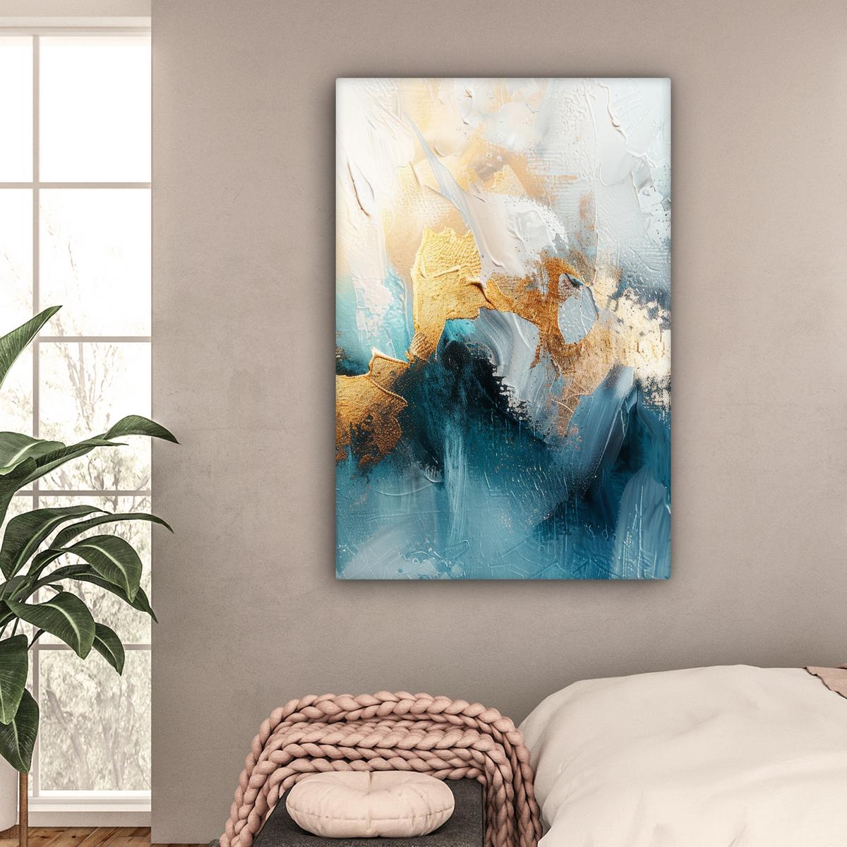 LEINWANDBILD Abstrakt - Kunst - Gold - Blau Deko XXL 80x120 cm - Petrol, Textil (80/120cm) - MuchoWow