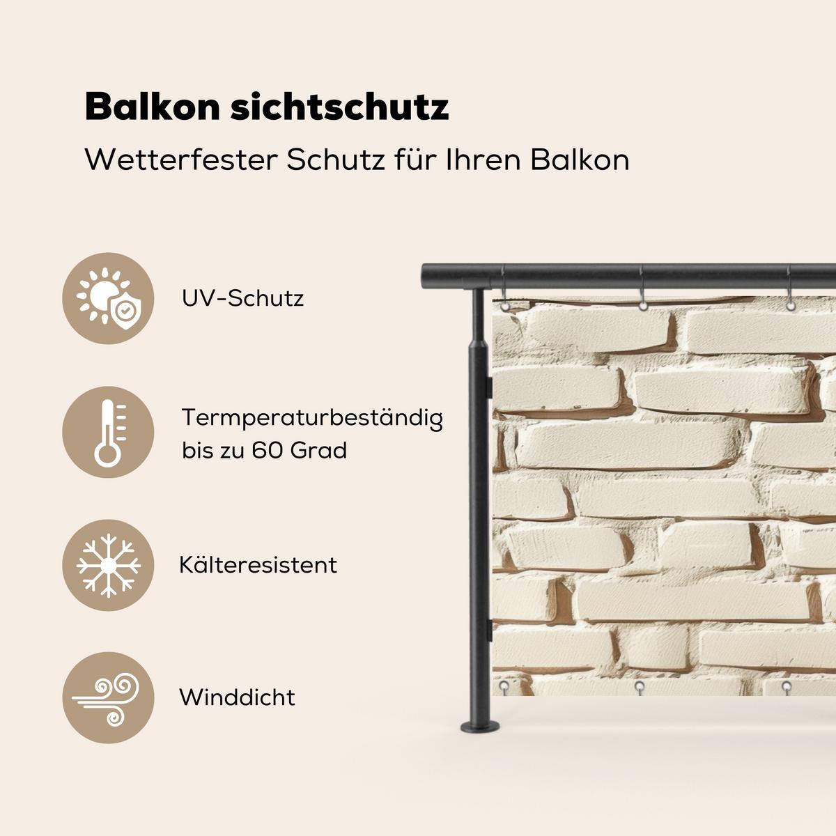 BALKON-SICHTSCHUTZ Ziegel - Wand - Licht - Weiß Witterungsbeständig 200x90 cm - Creme, Kunststoff (200/90cm) - MuchoWow