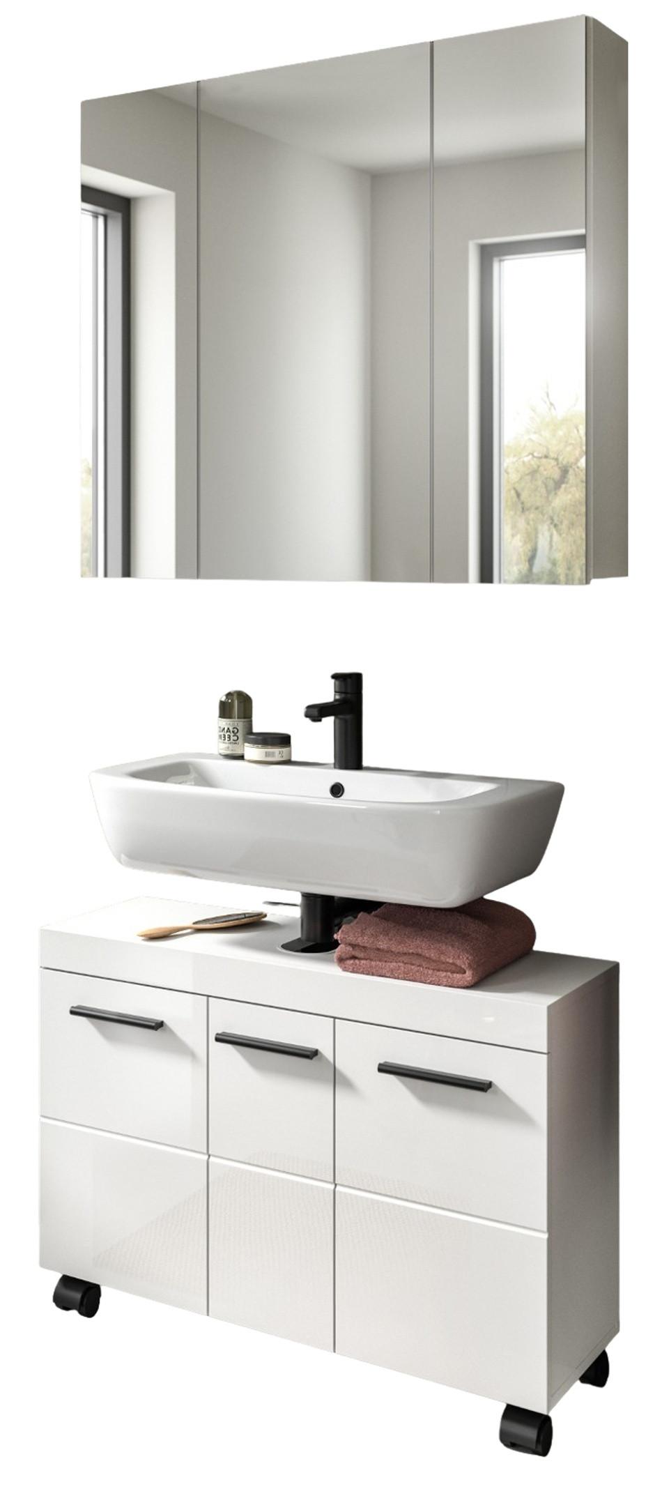 BADMÖBEL-SET weiß Hochglanz 2-teilig 82 cm, Badkombination auf Rollen - Weiß Hochglanz/Schwarz, Glas/Holzwerkstoff (82/191/30cm) - Inn.Furn