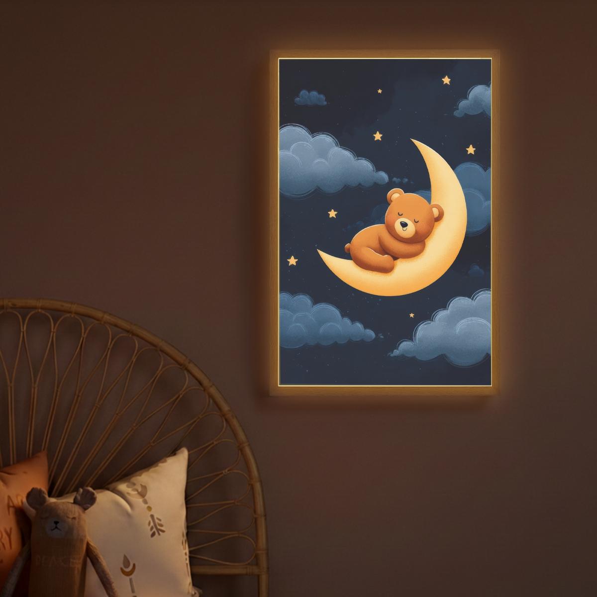 NACHTTISCHLAMPE MIT AKKU Teddybär - Mond - Wolken - Sterne 40x60 cm - Dunkelblau, Holzwerkstoff (8/40/60cm) - OnlyWow