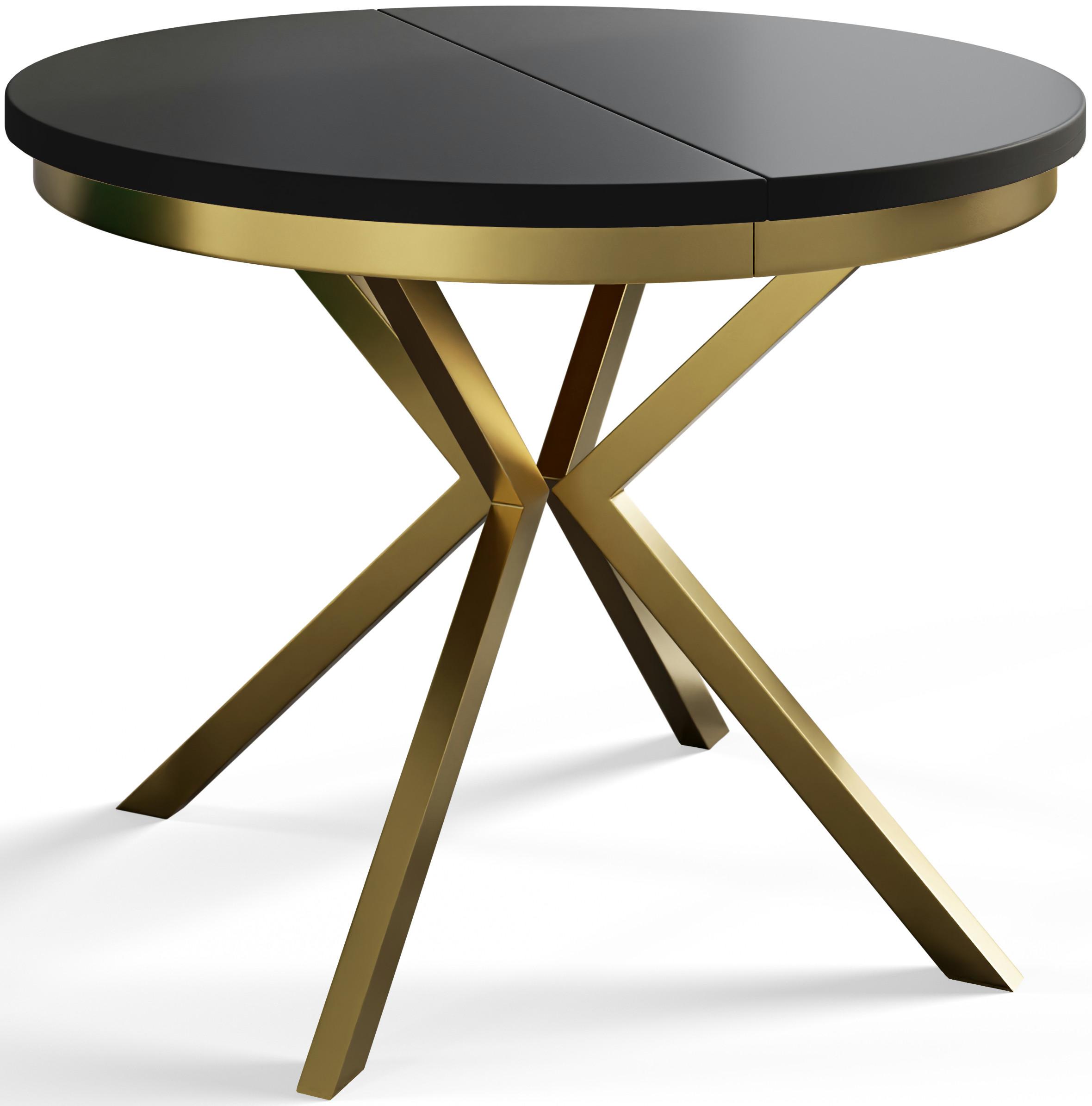 RUNDER Esszimmertisch BERGO, ausziehbarer Tisch Durchmesser: 120 cm/200 cm, Wohnzimmertisch Farbe: Schwarz, mit Metallbeinen in Farbe Gold - Goldfarben/Schwarz, Holzwerkstoff (120/120/76cm) - Alpi-Möbel