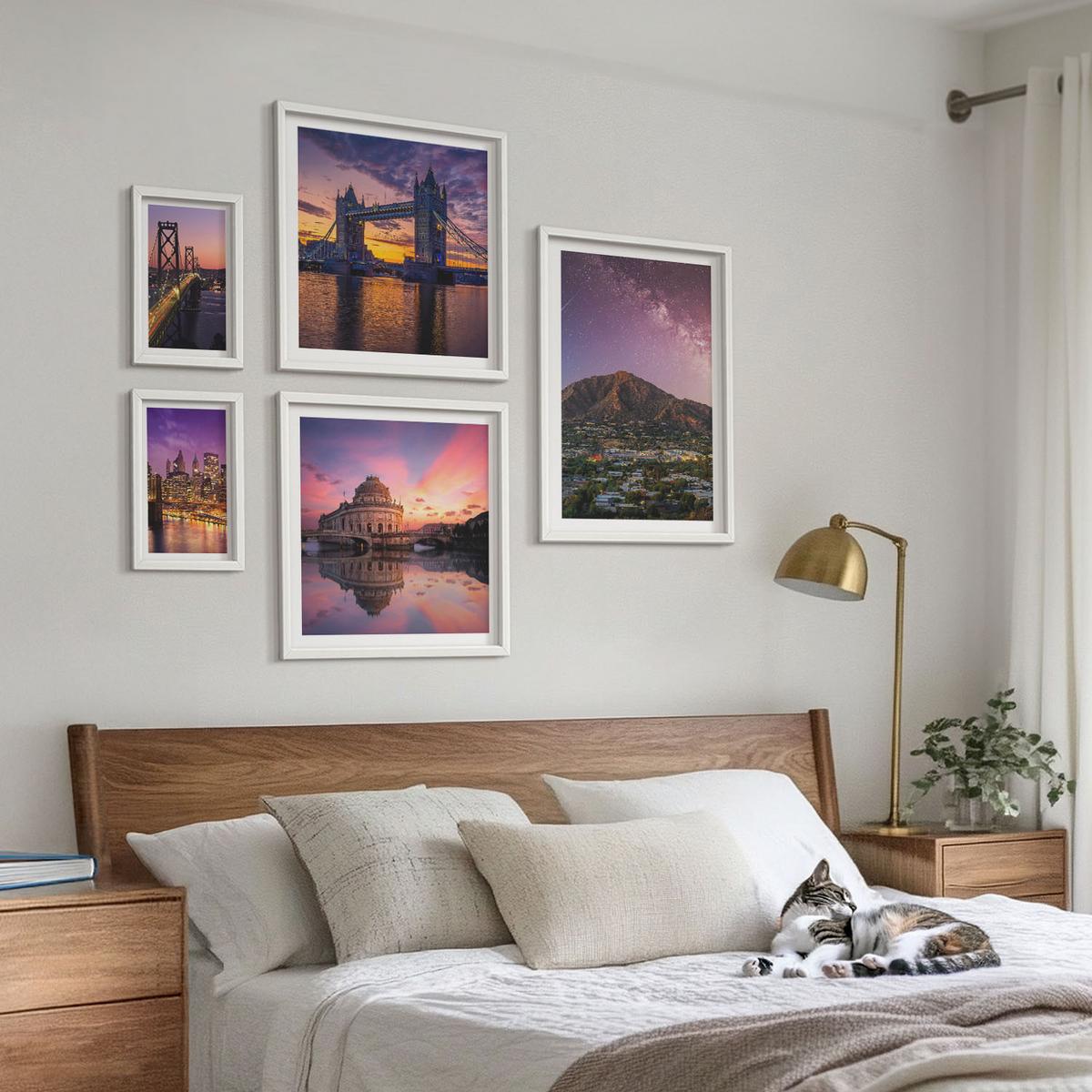 BILDER SET 5er Set - 50x50 cm & 20x30 cm & 40x60 cm Weißer Rahmen - Brücken, Sonne, Stadtblick - Weiß, Kunststoff (40/60cm) - TULUP