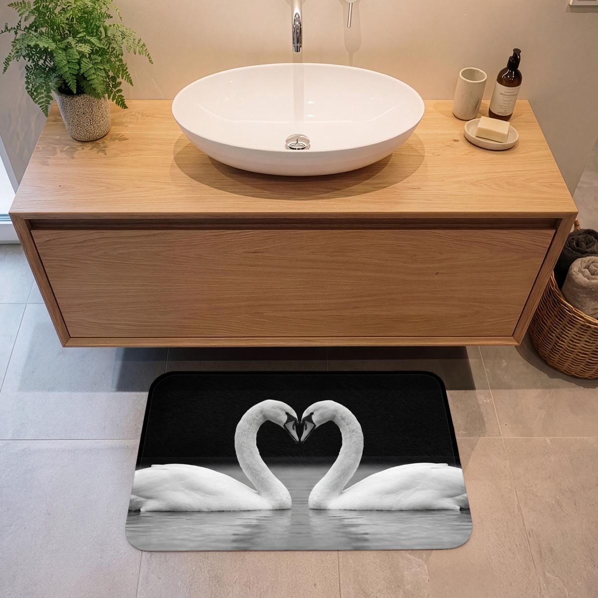 BADEMATTE Schwäne - Herz - Schwarz - Weiß 80x50 cm - Schwarz, Textil (80/50cm) - OnlyWow