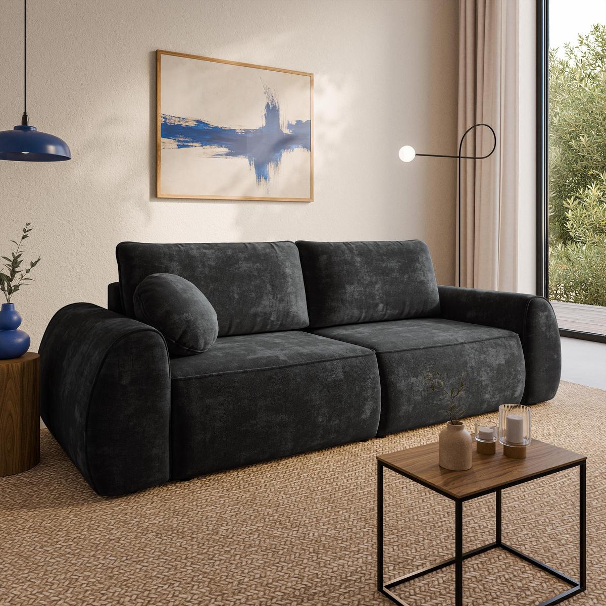 BETTSOFA ZEFEO Schwarz Chenille-Stoff mit Schlaffunktion - Schwarz, Textil (264/96/106cm) - MASSENO
