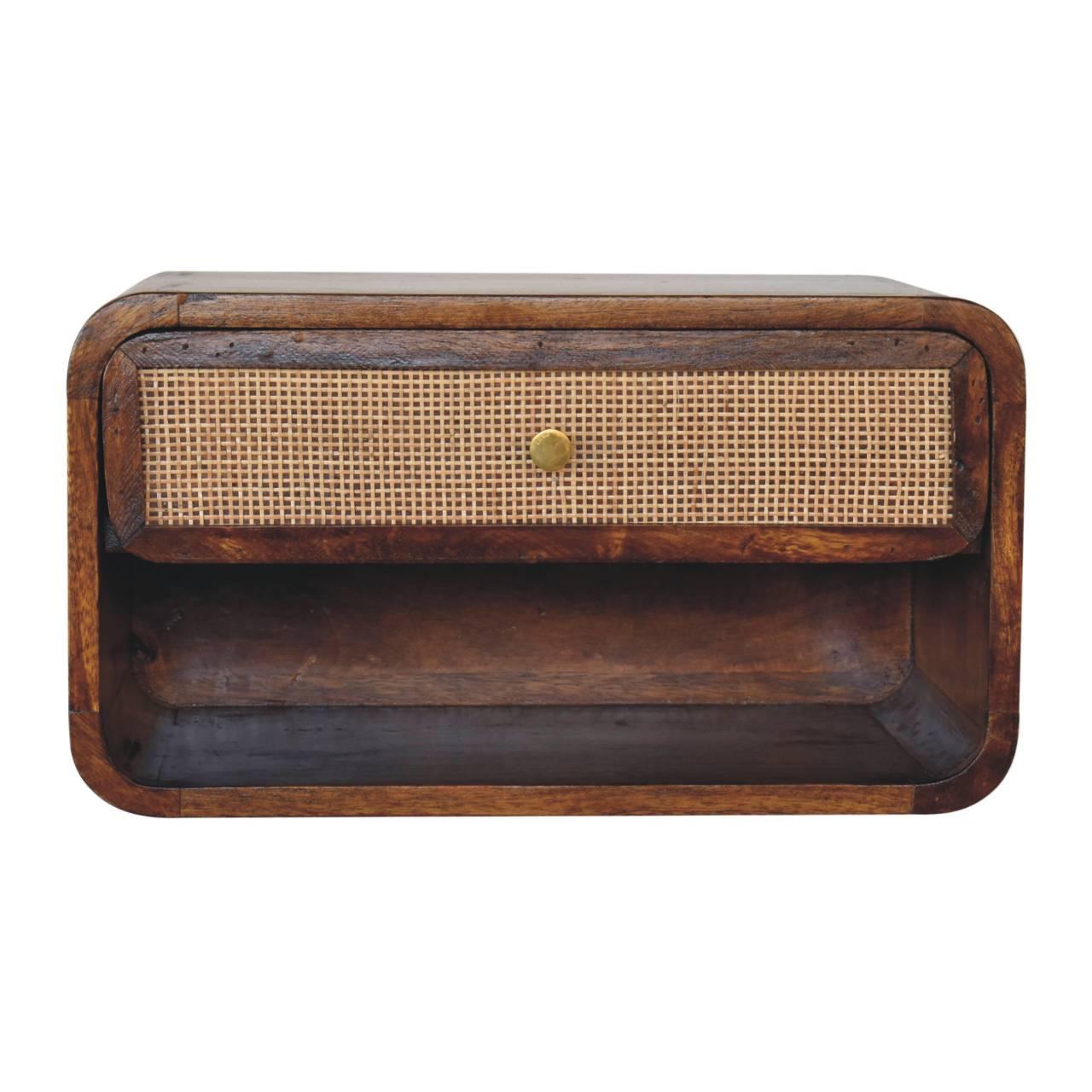 WANDNACHTTISCH, offen geflochten, 1 Schublade und offenes Fach, Braun - Messingfarben/Braun, Holz/Metall (45/25/32cm) - Artisan Furniture
