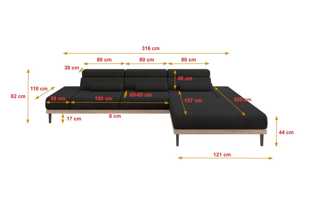 ELEKTRISCHES ECKSOFA Rechts MONA 316x205x85 Schwarz Velours - Schwarz/Graphitfarben, Holzwerkstoff/Textil (316/205cm) - ALTDECOR