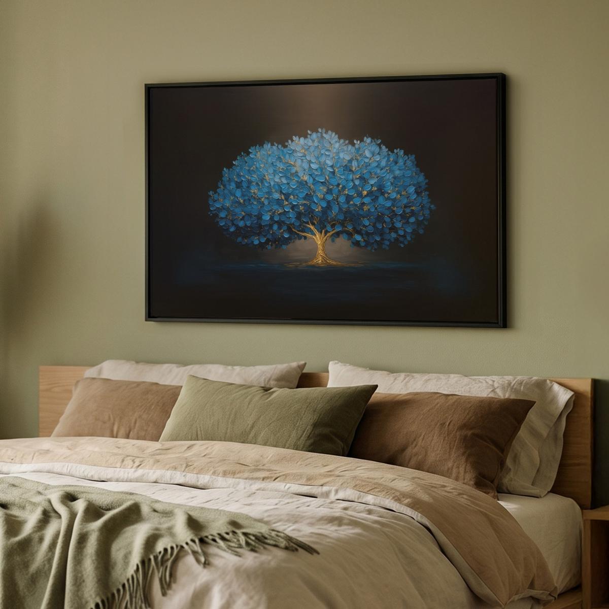 LEINWAND Bilder mit Rahmen - Baum - Blau - Blätter - Pinselstriche - 90x60 - Blau, Textil (90/60cm) - MuchoWow
