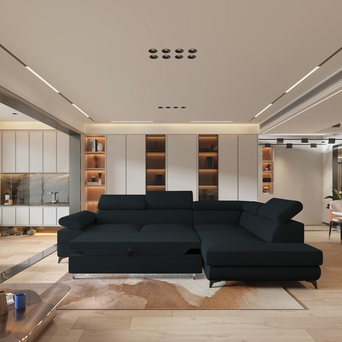ECKSOFA FAVIEN R-S Schwarz Boucle-Stoff mit Schlaffunktion - Schwarz, Holz (257/190cm) - MASSENO