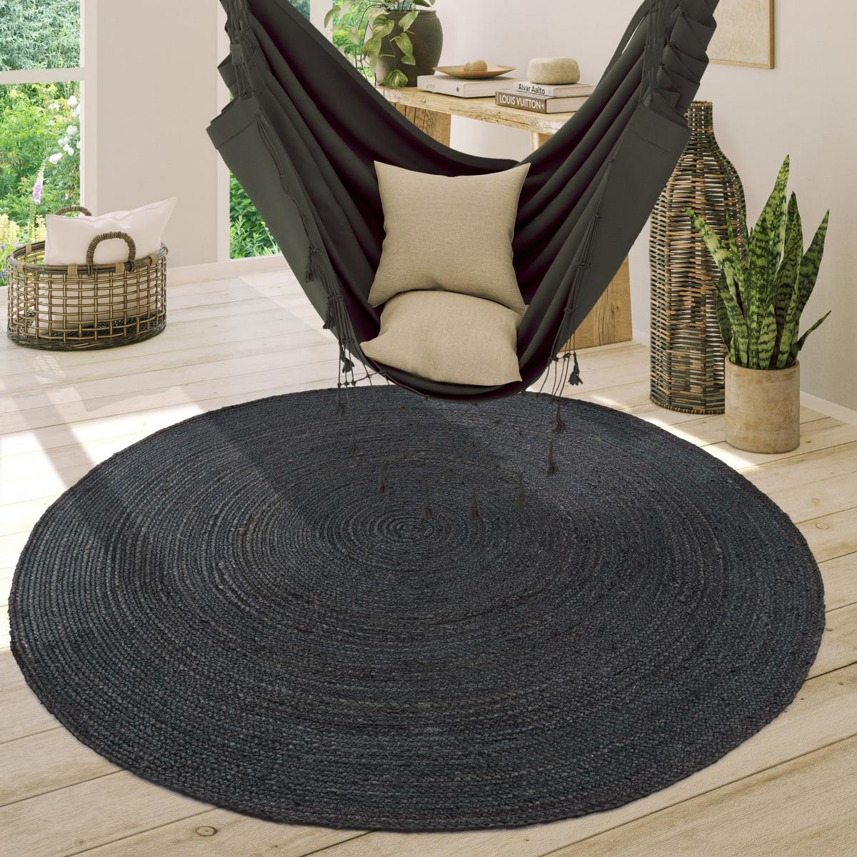 NATURTEPPICH handgewebt wendbar, im Boho-Stil, Anthrazit, Ø 80 cm - Anthrazit, Textil (80/80cm) - KADIMA DESIGN