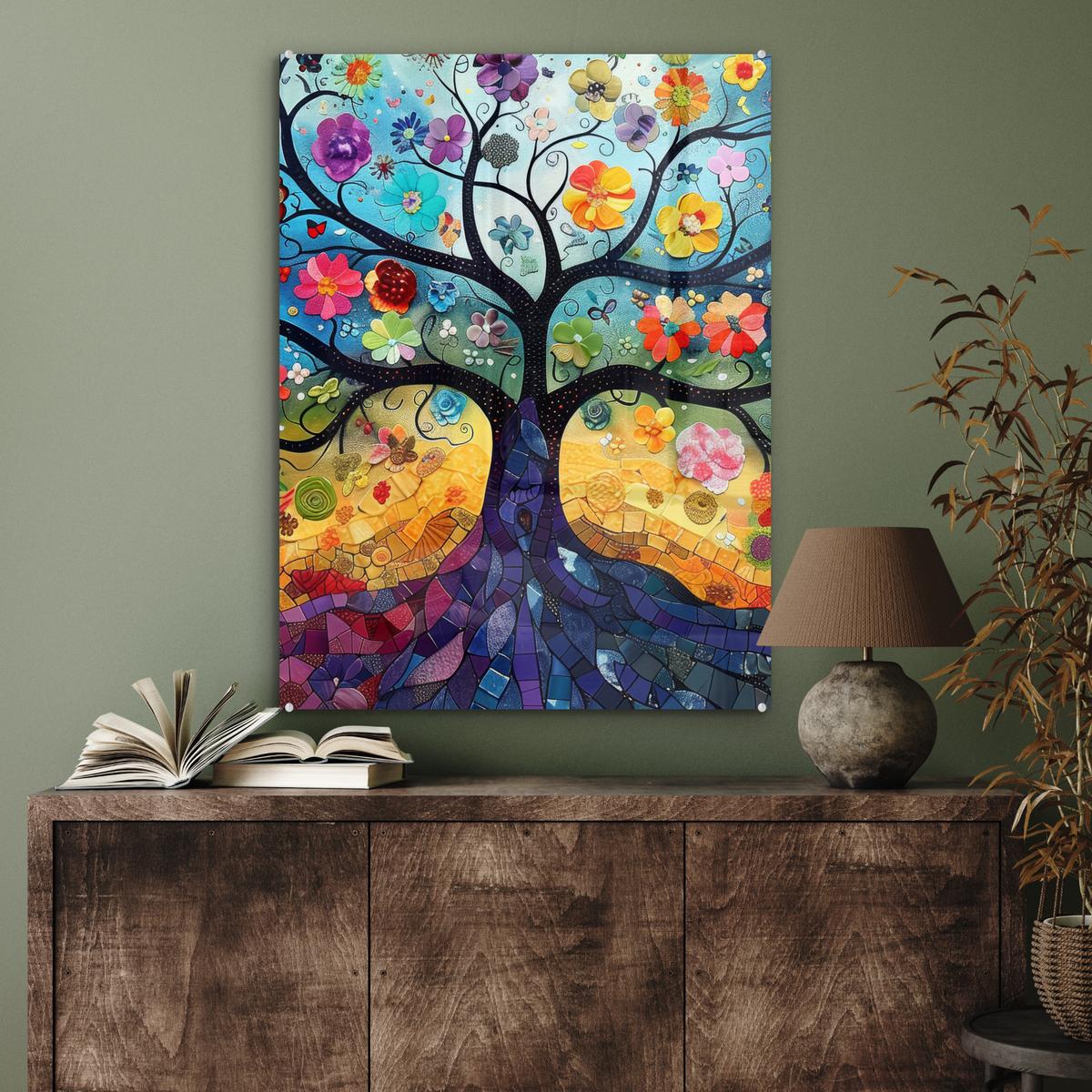 ACRYLGLASBILD Kunst - Baum des Lebens - Blumen - Hippie 60x80 cm - Dunkelblau, Glas (60/80cm) - MuchoWow