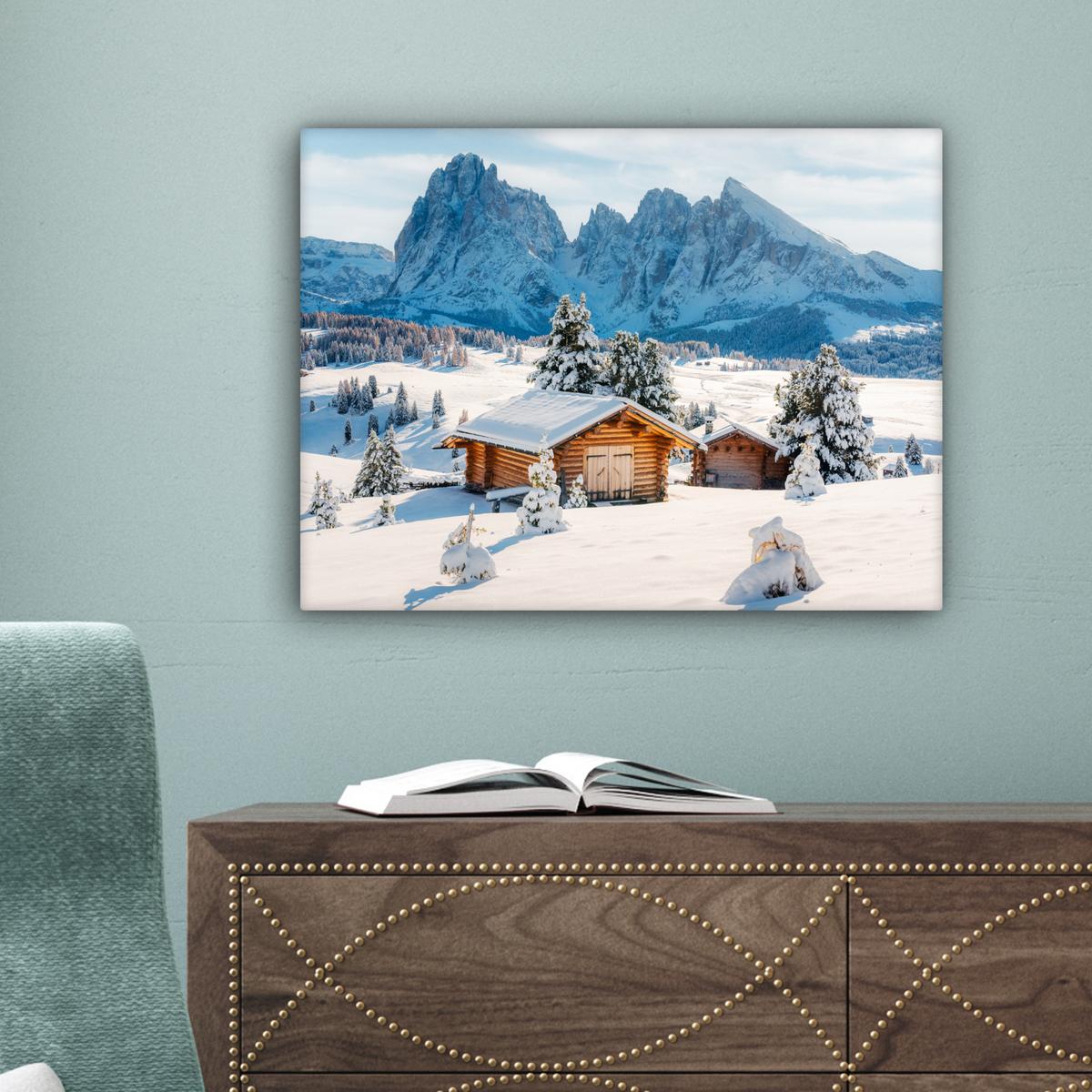 LEINWANDBILD Winter - Hütte - Berge - Aussicht - Schnee Wandbild 40x30 cm - Eichefarben, Textil (40/30cm) - MuchoWow