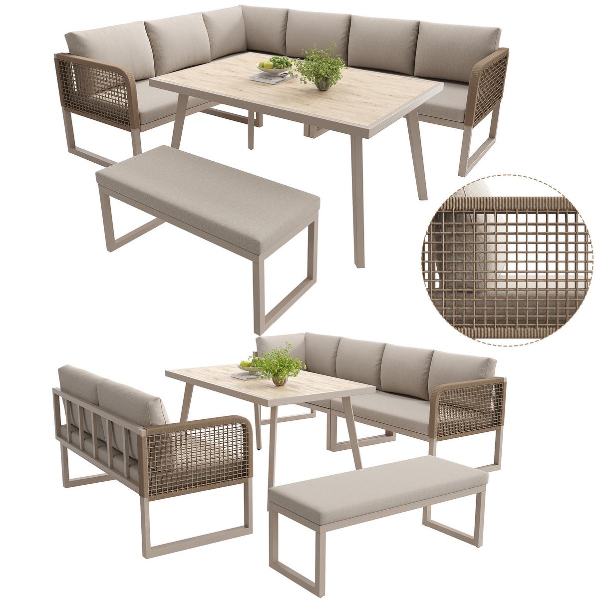 LOUNGEGARNITUR PE-Rattan Beige Ecksofa mit Tisch & Bank - Beige, Metall - Urban Meuble