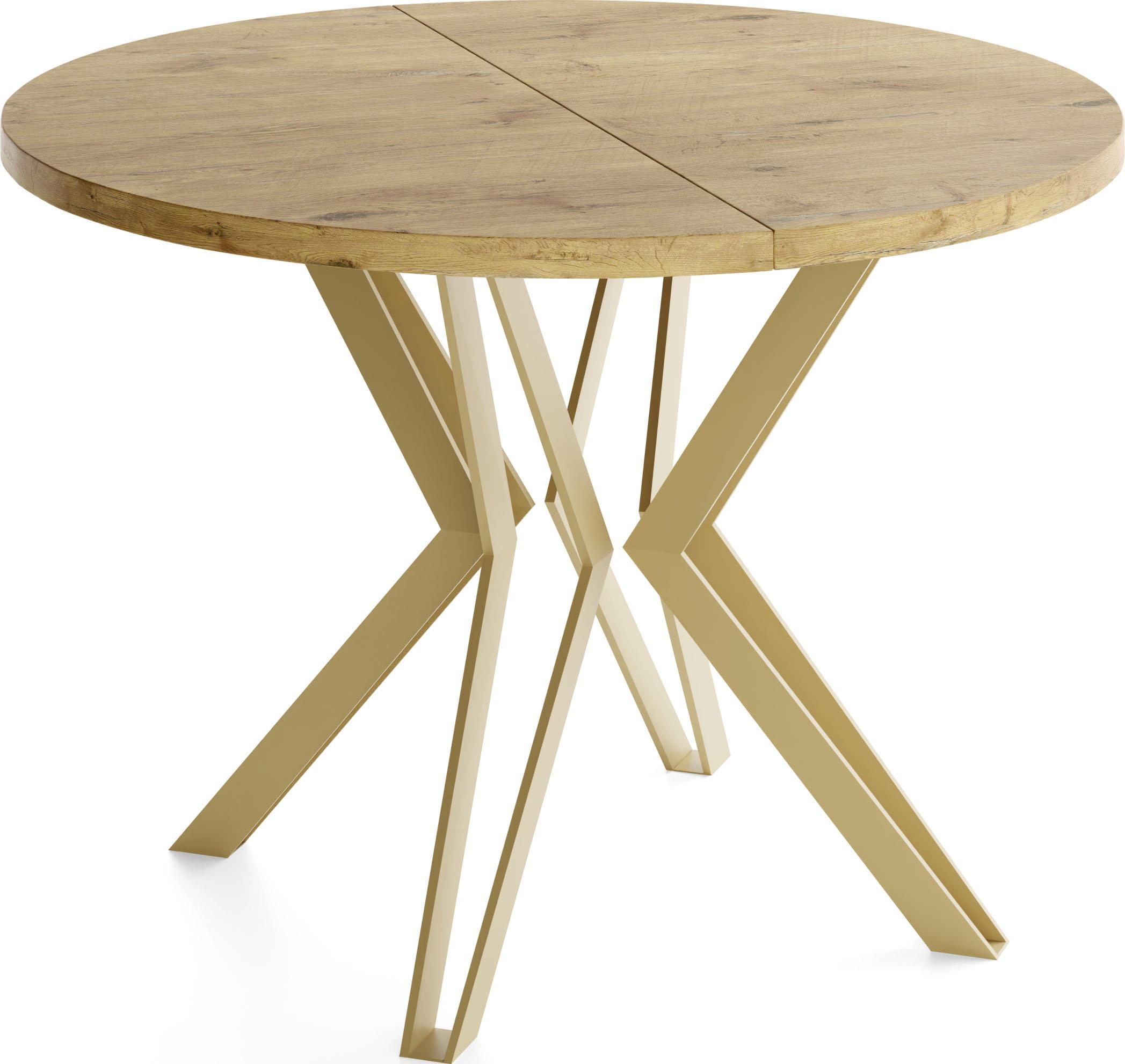 ESSTISCH Daisy runder ausziehbarer, Lancelot Eiche 120-200/100/76 cm - Eichefarben/Goldfarben, Holzwerkstoff/Metall (120/200/76cm) - WFL GROUP