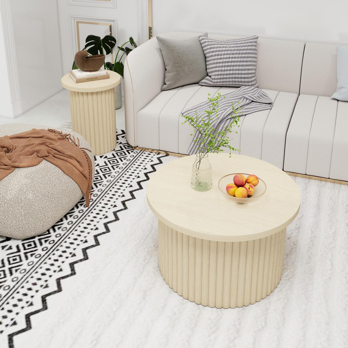 COUCHTISCH SET – Rundes 2er-Set aus Holzoptik, Skandinavisches Design - Weiß, Holzwerkstoff (69/69/41cm) - Urban Meuble