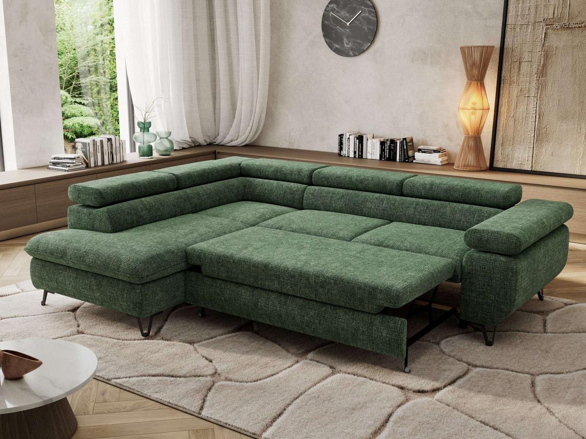 ECKSOFA PABLO L Dunkelgrün Schenille grob gewebt - Links Seite - Dunkelgrün/Schwarz, Textil/Metall (208/273cm) - MKS