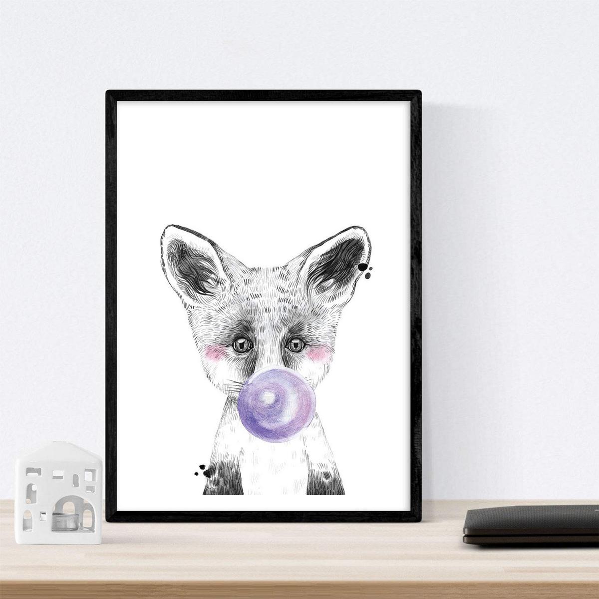 POSTER Set Mit 6 Tiere Babys Mit Kaugummi Hirschschwein Elefant Zorro Bär Hund A4 Schwarzer Rahmen - Schwarz, Papier (29/3cm) - Nacnic