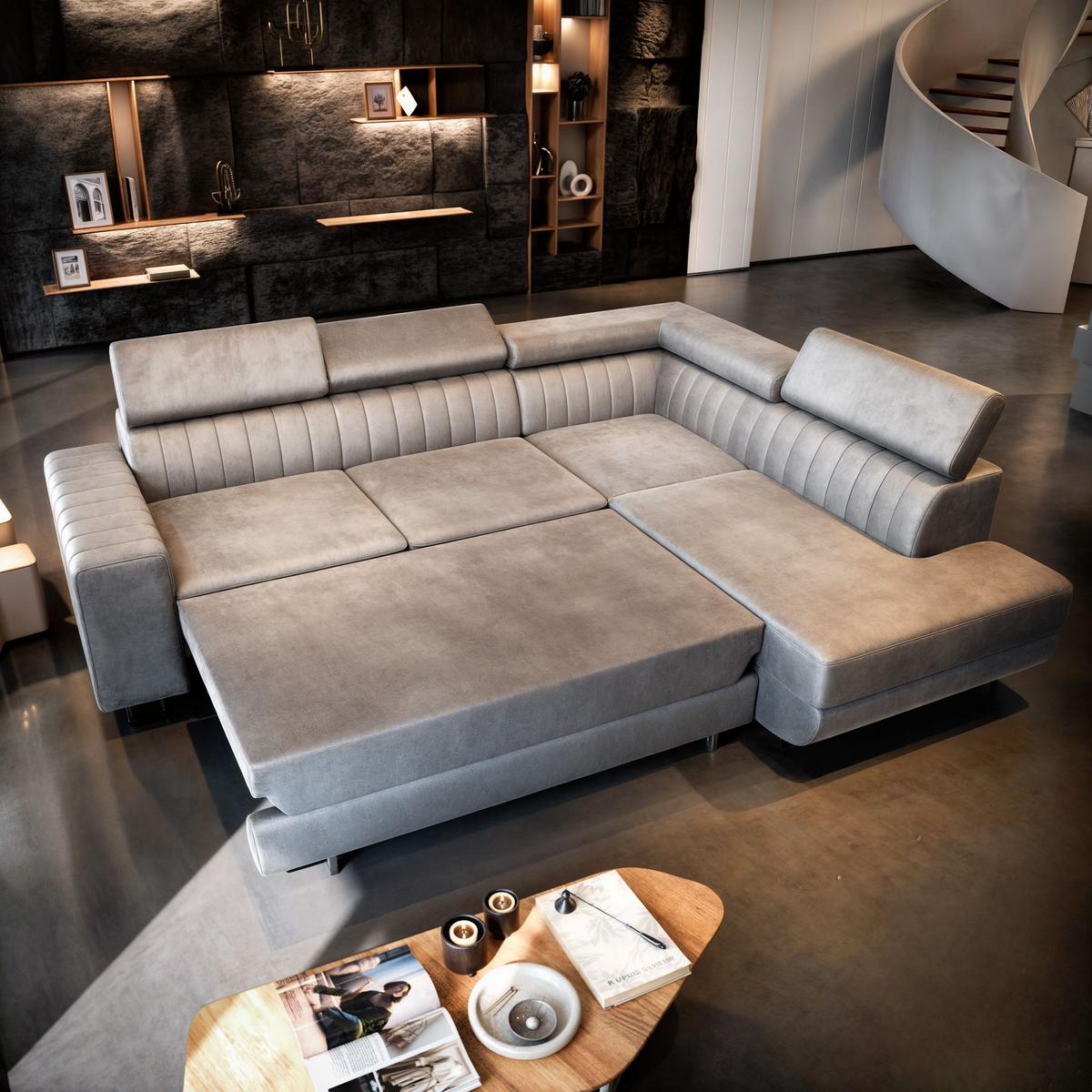 ECKSOFA NOLA R-S Schwarz Velours-Stoff mit Schlaffunktion - Silberfarben/Schwarz, Holz/Textil (253/190cm) - MASSENO