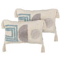 DEKOKISSEN 2er-Set Weiß 30/50 cm Cassiope - Blau/Multicolor, Textil (30/50cm) - Beliani