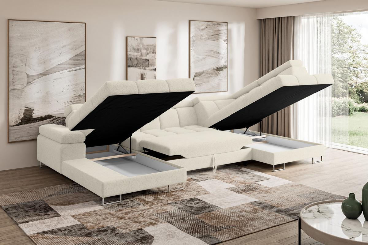 WOHNLANDSCHAFT mit Schlaffunktion und Bettkasten Ottomane RECHTS COMA U 345x203x79 Creme Velours - Creme, Holzwerkstoff/Textil (203/79/345cm) - ALTDECOR