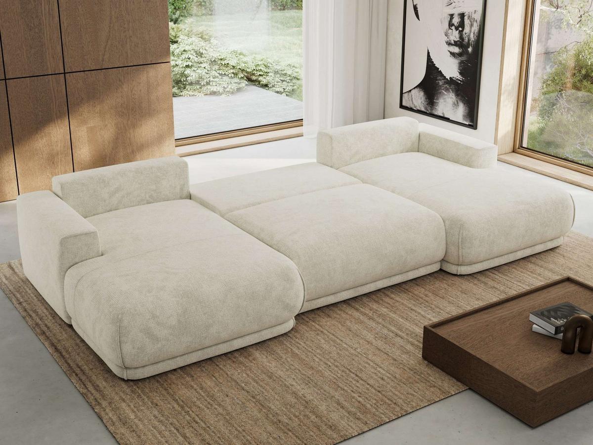 WOHNLANDSCHAFT RINA U Creme Schenille grob gewebt - Creme/Schwarz, Kunststoff/Textil (360/85/170cm) - MKS