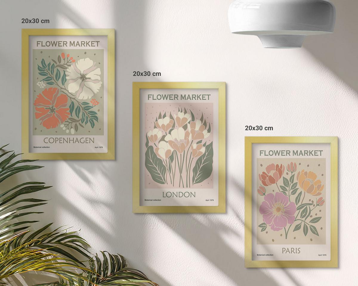 BILDER SET 3er Set - 20x30 cm Goldrahmen - Blumenposter Kopenhagen London Paris - Goldfarben, Kunststoff (20/30cm) - TULUP