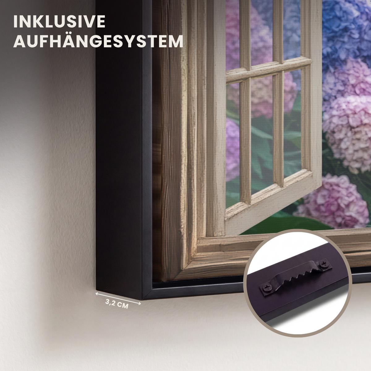 LEINWAND Bilder mit Rahmen - Aussicht - Garten - Fenster - Hortensie - Blumen - 30x20 - Pastellblau, Textil (30/20cm) - MuchoWow