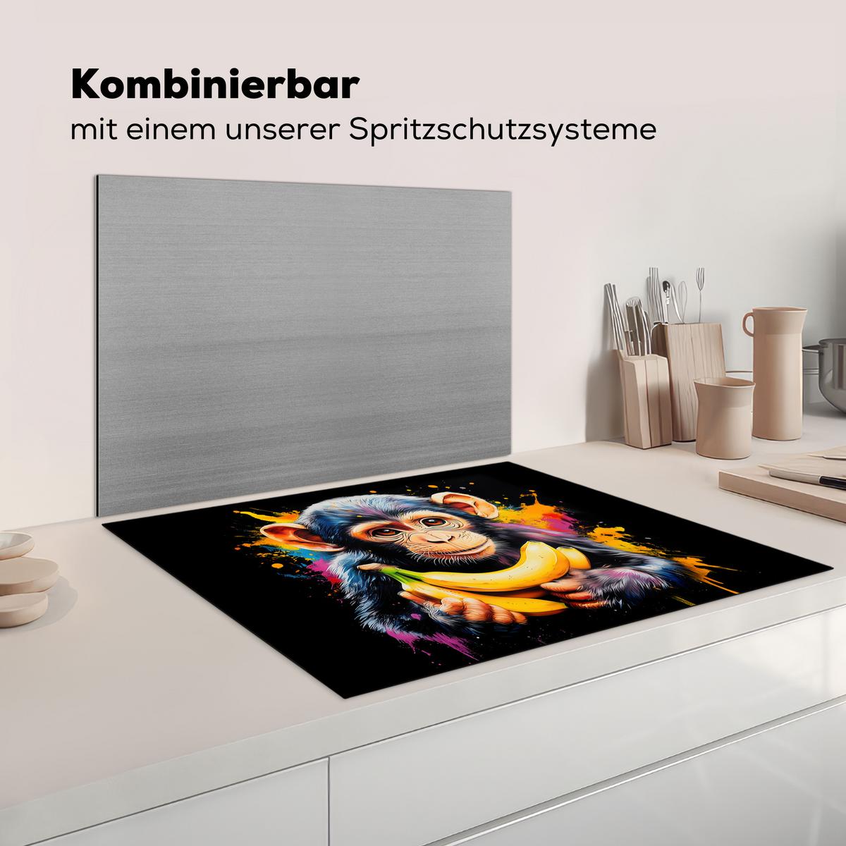 HERDABDECKPLATTE Affe - Graffiti - Farbenfroh - Bananen - Modern Induktionsmatte 77x59 cm - Gelb, Kunststoff (77/59/0.2cm) - MuchoWow
