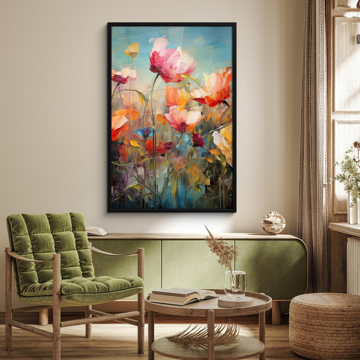 POSTER MIT RAHMEN Blumen - Aquarell - Kunst - Botanisch - Natur Bilderleiste 80x120 cm - Orange, Papier (80/120cm) - MuchoWow