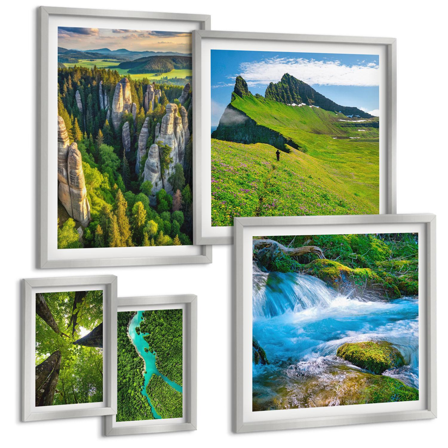 BILDER SET 5er Set - 50x50 cm & 20x30 cm & 40x60 cm Silberner Rahmen - Wasserfälle grüner Wald Wasser - Silberfarben, Kunststoff (40/60cm) - TULUP