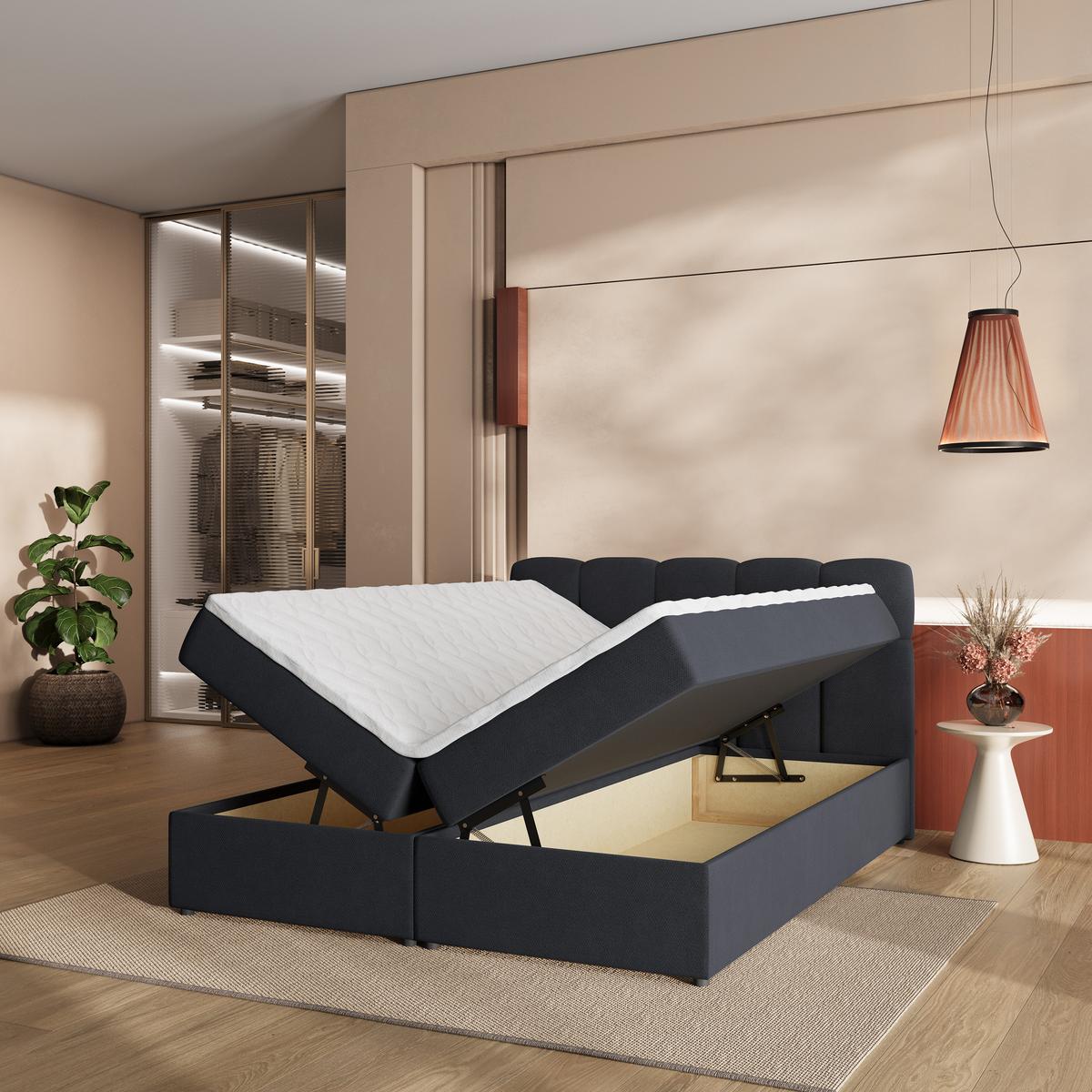 BOXBETT MERU 140x200 cm mit Matratze und Topper - Schwarz - Schwarz, Holz (140/200cm) - MASSENO