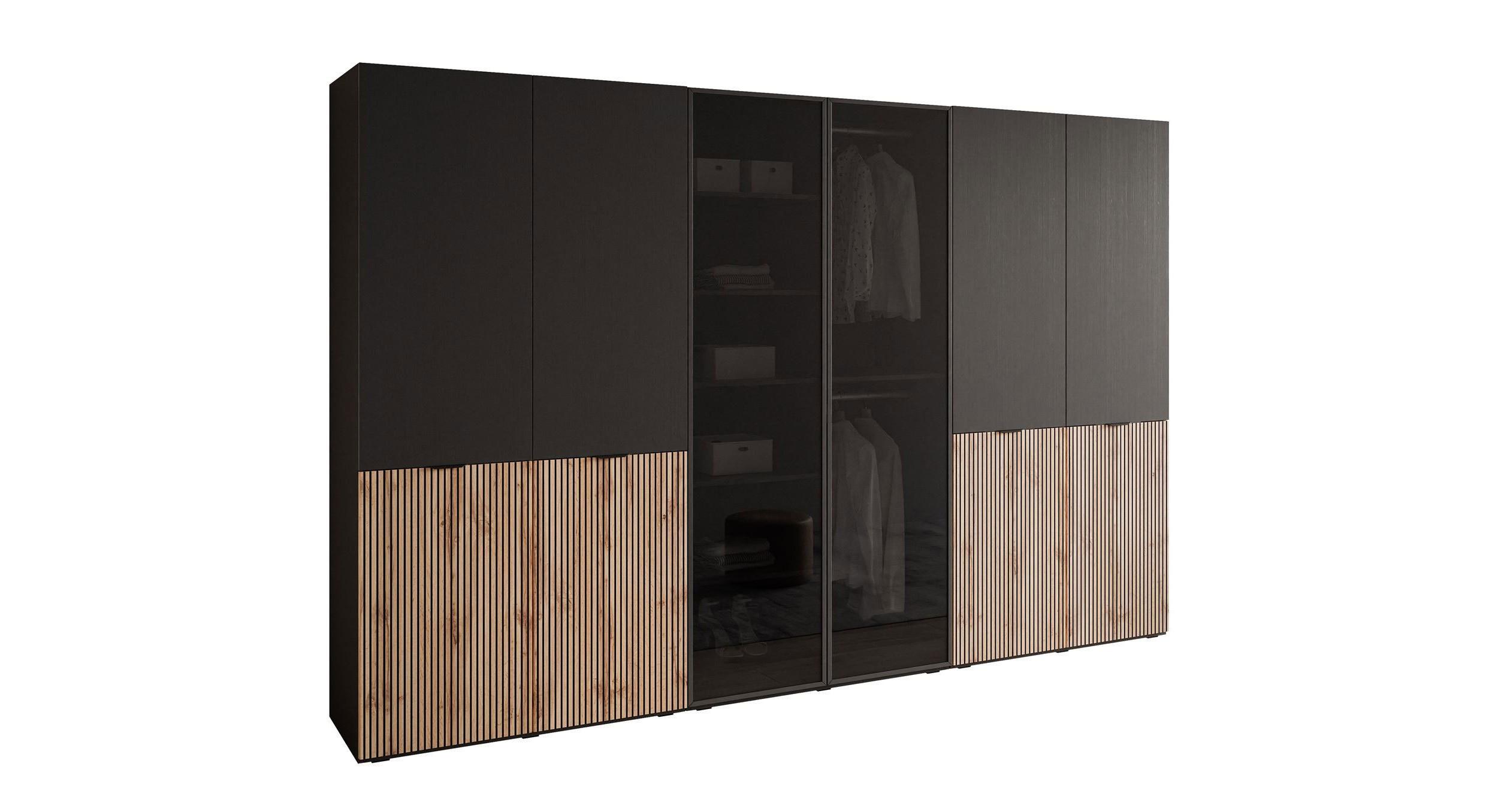 KLEIDERSCHRANK SANDBOX LOFT 300 303/49/200 cm Schwarzgraphit / Schwarzgraphit + Eiche Wotan + Schwarzes Glas mit LED 12 Zusatzböden - Eiche Wotan/Schwarz, Holzwerkstoff/Kunststoff (303/200/49cm) - Lookway