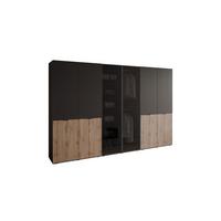 KLEIDERSCHRANK SANDBOX LOFT 300 303/49/200 cm Schwarzgraphit / Schwarzgraphit + Eiche Wotan + Schwarzes Glas mit LED 12 Zusatzböden - Eiche Wotan/Schwarz, Holzwerkstoff/Kunststoff (303/200/49cm) - Lookway