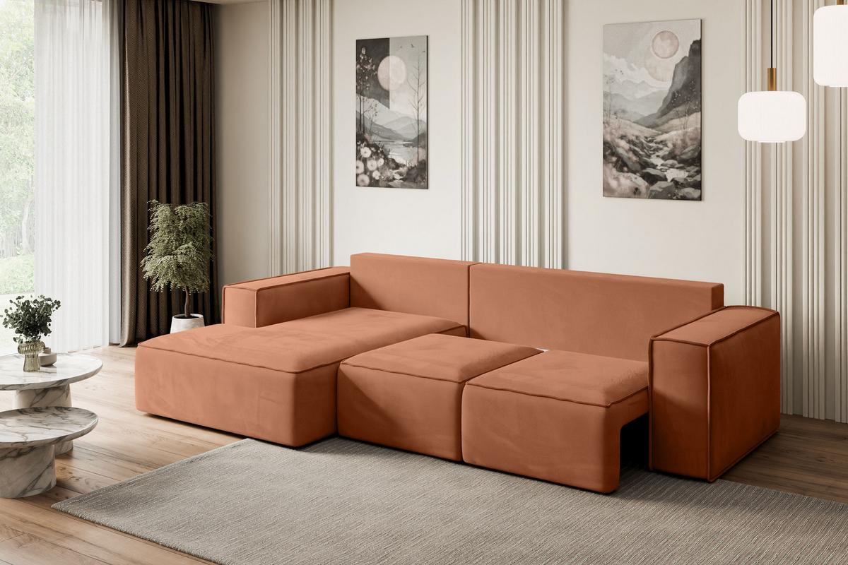 ECKSOFA mit Schlaffunktion und Bettkasten SERRA-L-S - 266x161x87 cm Apricot Velours - Koralle/Schwarz, Holzwerkstoff/Kunststoff (266/161cm) - ALTDECOR