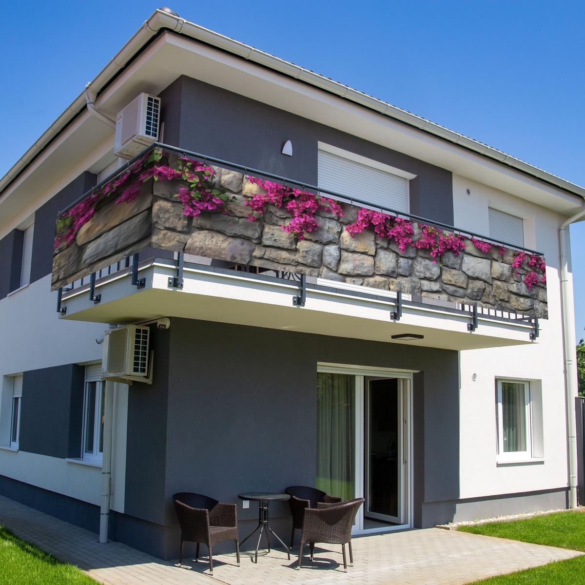 BALKON-SICHTSCHUTZ Bougainvillea - Steinmauer - Rosa Balkon Deko 500x75 cm - Magenta, Kunststoff (500/75cm) - MuchoWow