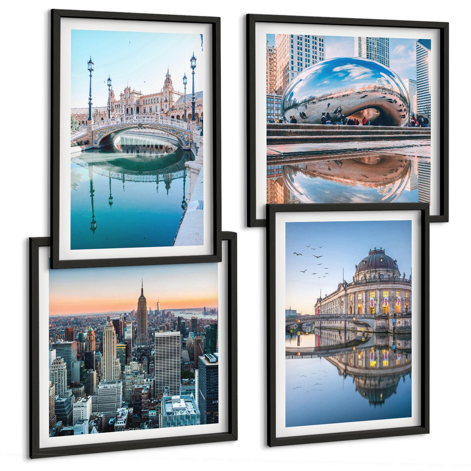 BILDER SET 4er Set - 50x50 cm & 40x60 cm Schwarzer Rahmen - Architektur von Städten am Wasser - Schwarz, Kunststoff (50/50cm) - TULUP