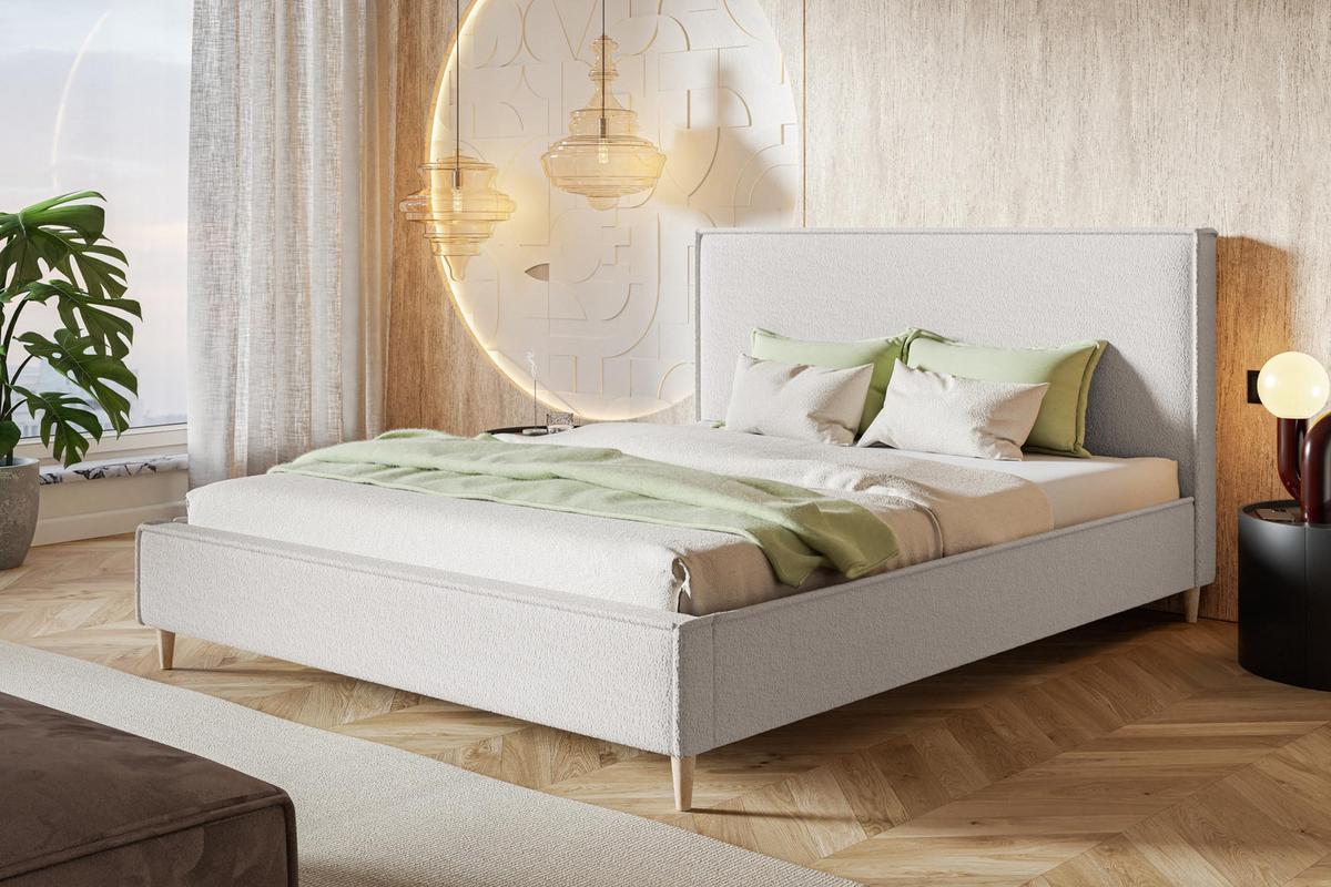 POLSTERBETT LUX RICO mit Kopfteil, 180 x 200 cm, Doppelbett mit Lattenrost aus Holz, Boucle-Stoff Weiß, Füße in Farbe: Braun - Weiß, Holz/Textil (180/200cm) - Alpi-Möbel