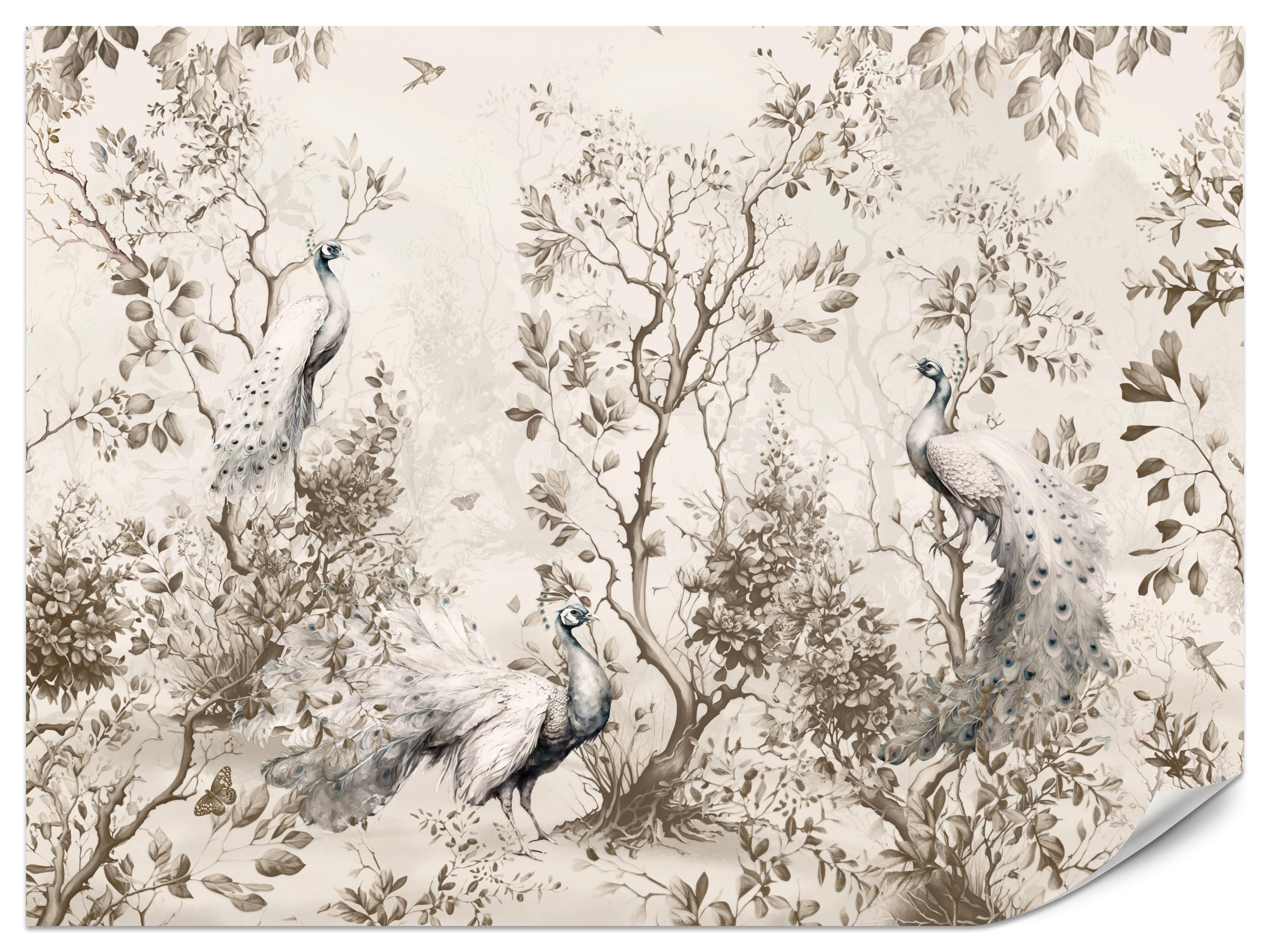 FOTOTAPETE für Wohnzimmer Pfauen Zwischen Bäumen Büsche Blätter 450x315 - Beige, Papier (450/315cm) - Muralo