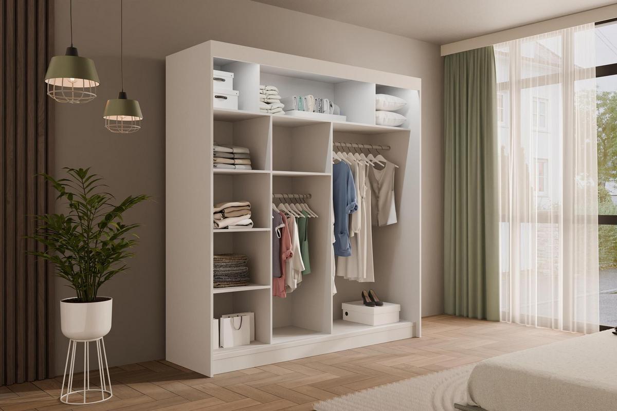 KLEIDERSCHRANK mit LED, Lamel-Schiebetüren VILANv2 - 200 cm Weiß + Lamelle schwarz - Schwarz/Weiß, Holzwerkstoff (200/215/61cm) - ALTDECOR
