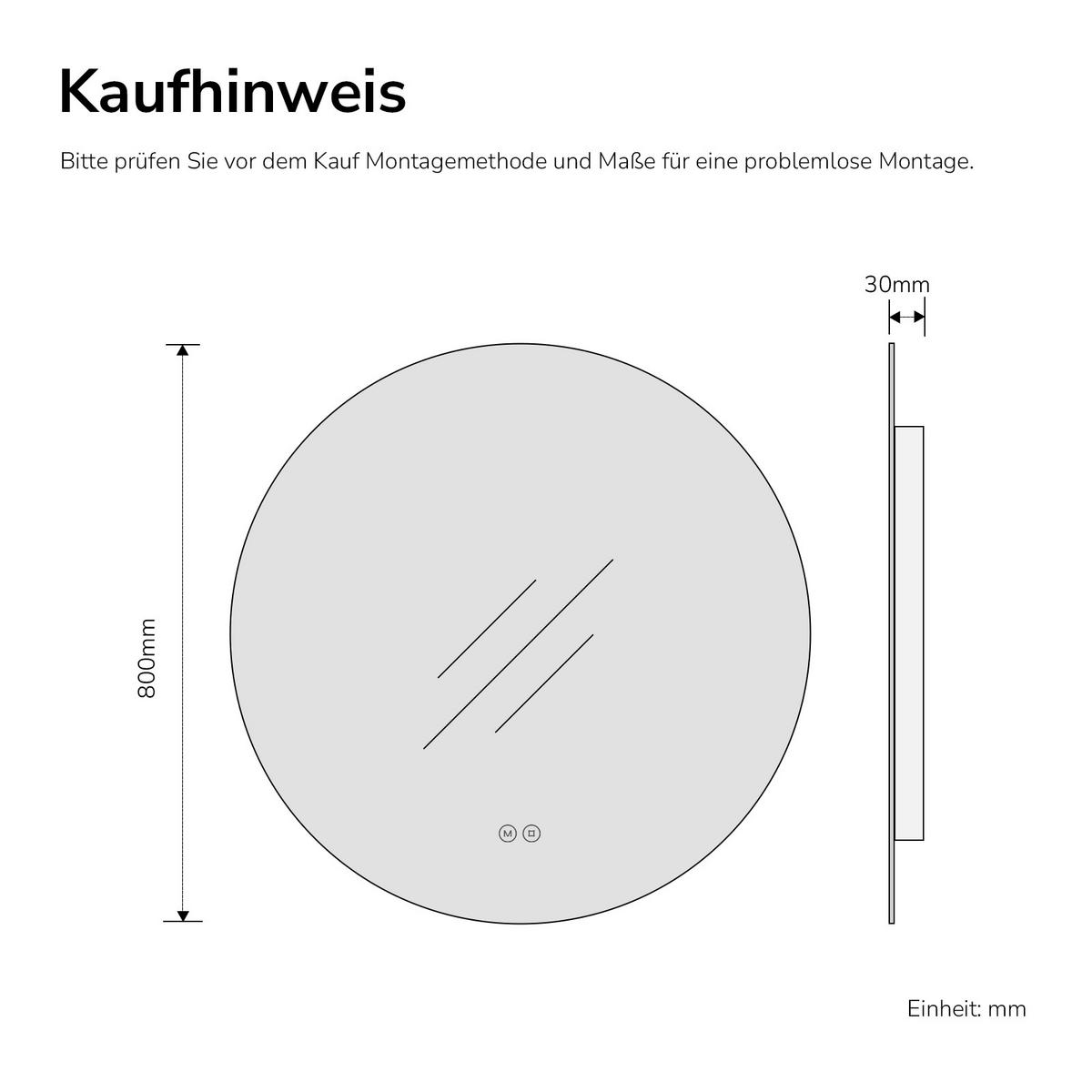 BADSPIEGEL Rund mit Beleuchtung Rahmenlos, 3 Lichtfarben, Ø 80 cm - Transparent, Glas (80/80/3cm) - EMKE