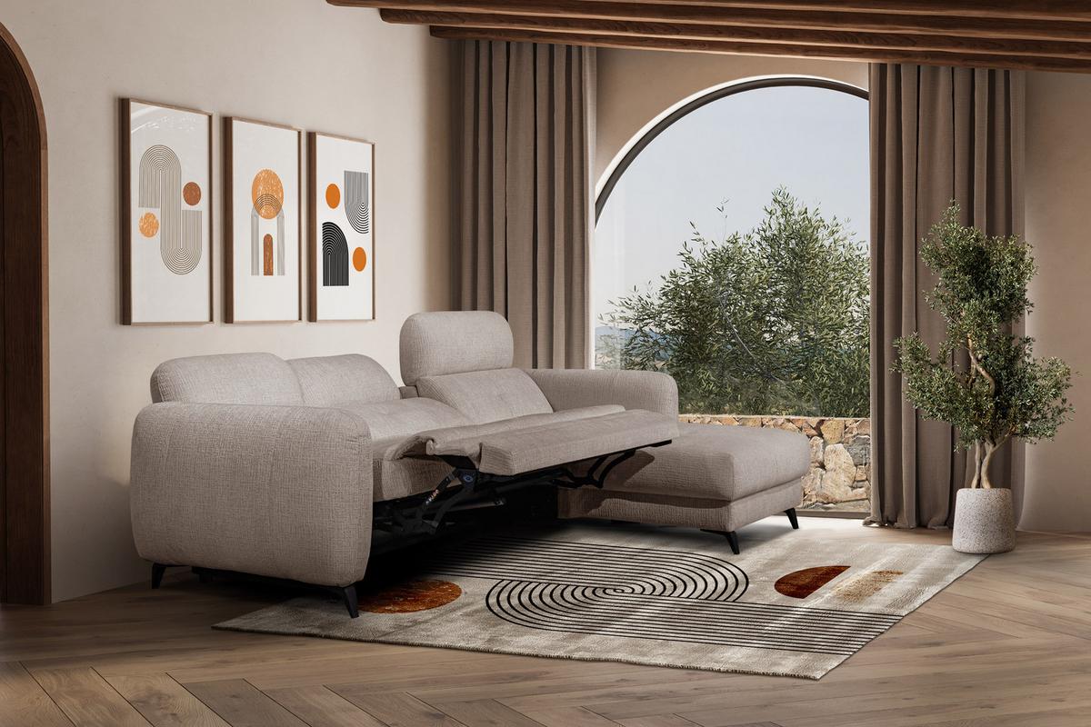 ECKSOFA SVEN 3-Sitzer, 1 Relax XL, verstellbare Kopfstützen, beige - Beige/Schwarz, Holzwerkstoff/Textil (256/163cm) - Wozimo