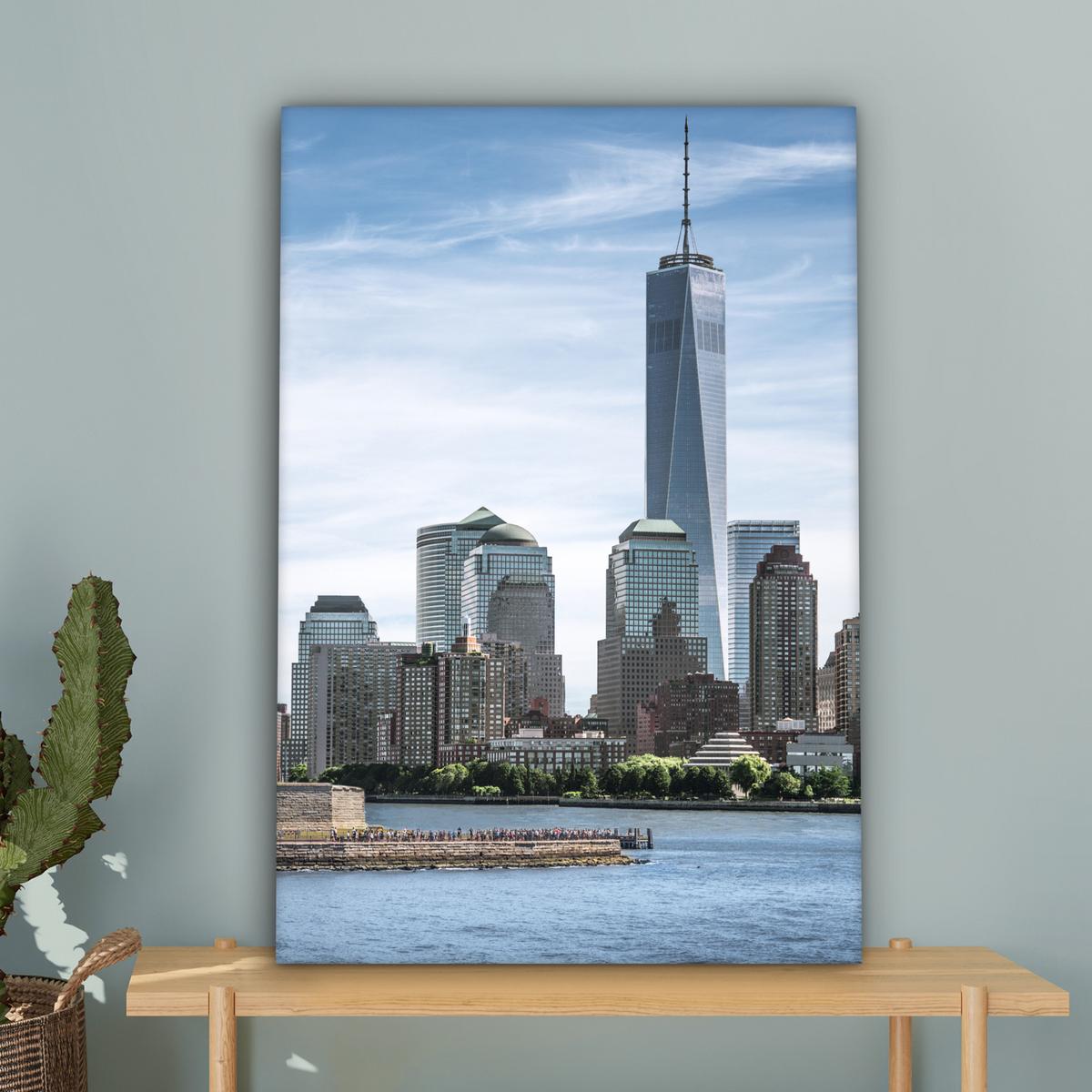 LEINWANDBILD New York - Freiheitsstatue - Wasser Wanddeko Schlafzimmer 60x90 cm - Hellblau, Textil (60/90cm) - MuchoWow