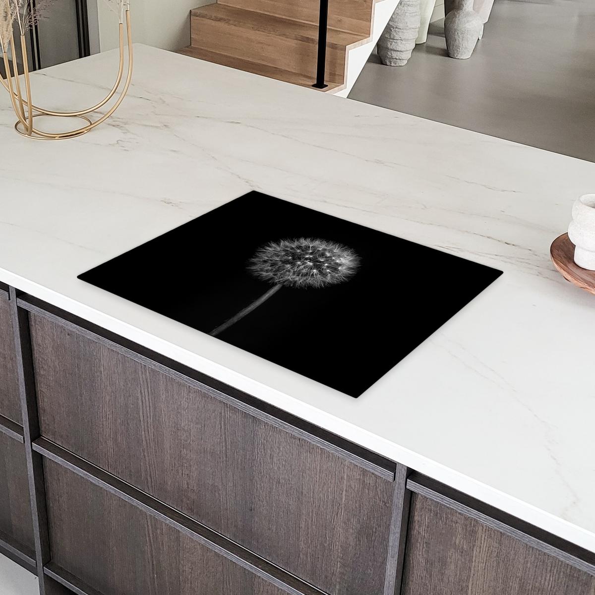 HERDABDECKPLATTE Löwenzahn - Schwarz - Floral - Botanisch Herdabdeckung Induktionsfeld 70x52 cm - Grau, Kunststoff (70/52/0.2cm) - MuchoWow