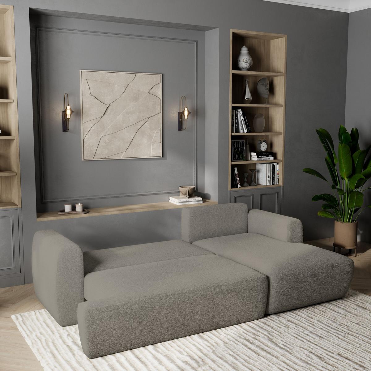 ECKSOFA SENTI N R-S Hellgrau Boucle-Stoff mit Schlaffunktion - Hellgrau/Schwarz, Holz/Kunststoff (246/148cm) - MASSENO