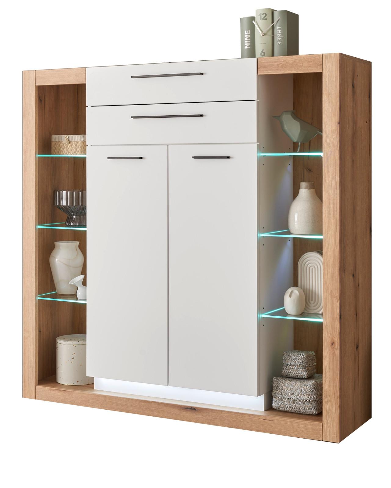 HIGHBOARD weiß matt, Evoke Eiche, Kommode 141 x 139 cm - Eichefarben/Silberfarben, Glas/Holzwerkstoff (141/139/37cm) - Furn.Design